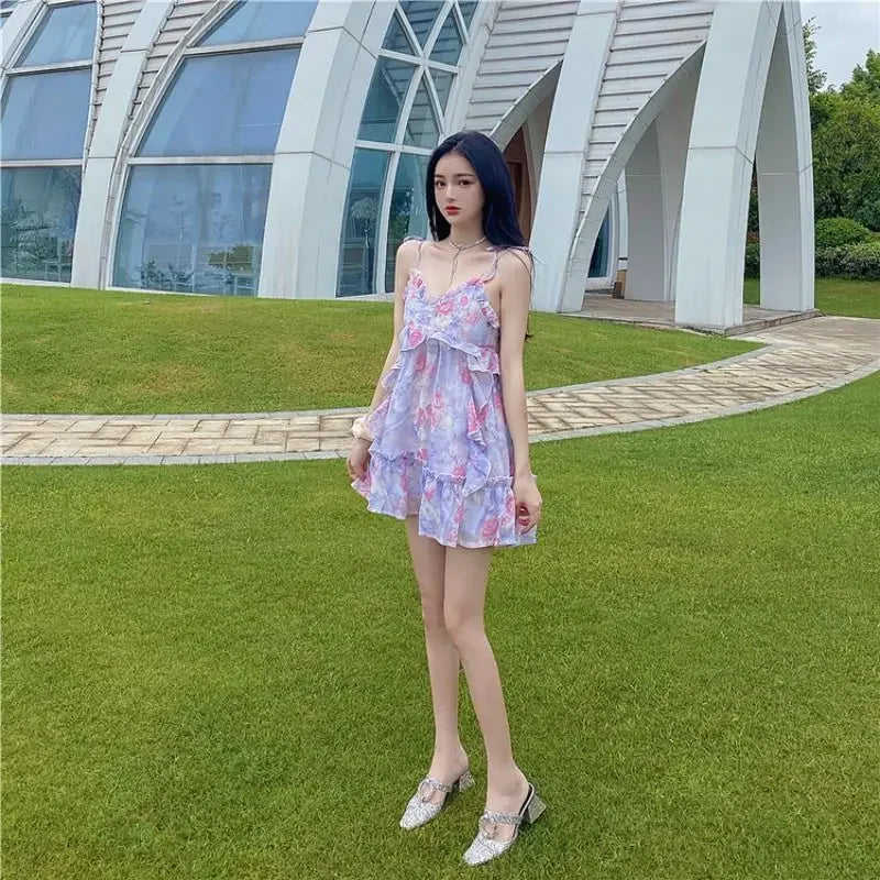 Aiertu Spaghetti Strap Dress Women Ruffles Sexy Japanese Sweet Princess Dress Female Beach Holiday Floral Mini Boho Dress 2024 Summer Aiertu