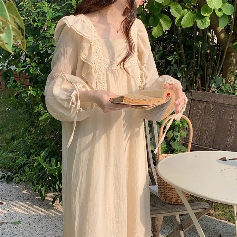 AIERTU  -  Long-sleeved Nightdress Women's Spring and Autumn New Sweet Solid Color Lace Lace Ruffle Edge Thin Pajamas Skirt Loungewear Aiertu