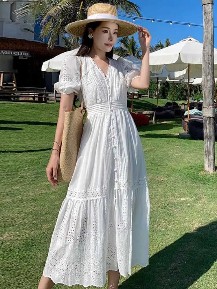 Aiertu Vintage Summer White Hollow Out Embroidery Long Dress For Women V Neck Short Sleeve High Waist Slim Evening Party Dresses French Aiertu