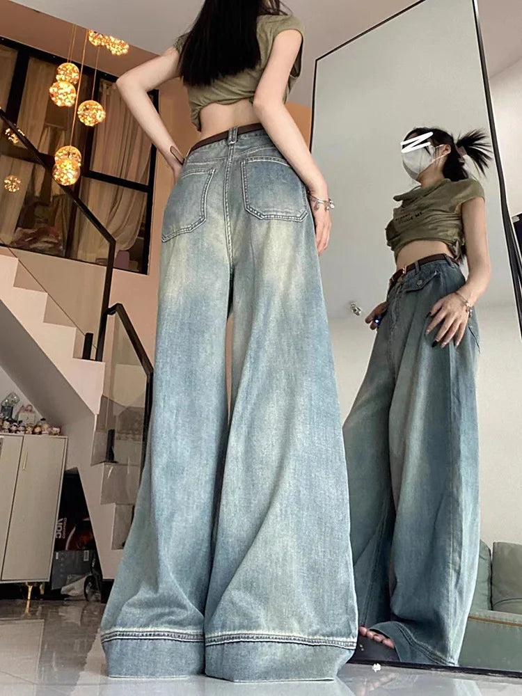 Aiertu Spring Women Vintage Y2k Baggy Jeans High Waist Oversized American Trouser Denim Wide Leg Streetwear Straight Basic Pants Aiertu