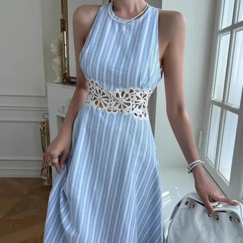 AIERTU  -  Women Dress Striped Pattern Waist Hollow Lace Splicing Backless Sleeveless Vest A-line Round Neck High Waisted Casual Long Dress Aiertu