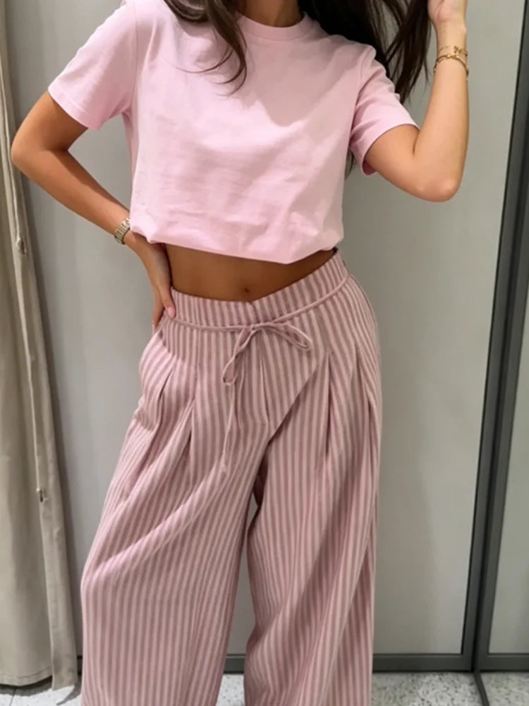 AIERTU  -  Striped Drawstring Wide Leg Pants Women High Waist Side Pocket Vertical Stripe Bottom Lady's Casual Outdoor Streetwear Trousers Aiertu
