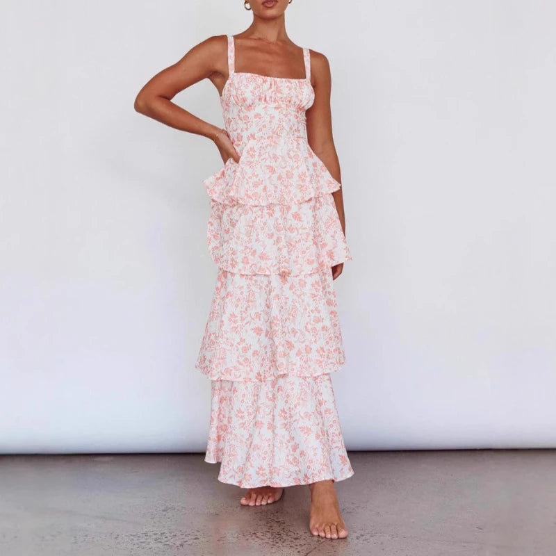 AIERTU  -  Cake Dress Floral Printed Sleeveless Straps U Neck Tank A Line Slim Waist Strap Tierred Holiday Beach Summer Long Dress Women Aiertu