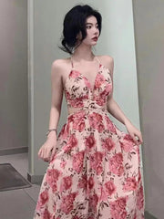 Aiertu Halter V Neck Hollow Out  Rose Print Long Dress Women Fashion Sleeveless Backless High Split Elegant Ruched Dress Holiday Summer Aiertu
