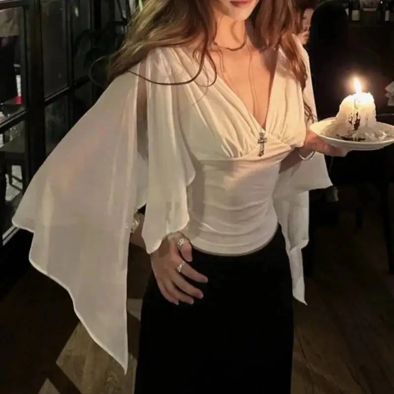 AIERTU  -  Mesh Deep V Neck T Shirt With Ribbon Sleeves Slim Fit Waist Cinching Pleated Top Women Sexy Fashionable Elegant Stylish Summer Aiertu