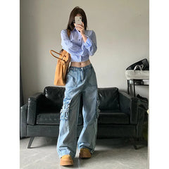 Aiertu Women's Blue Cargo Jeans Baggy Vintage High Waist Cowboy Pants Harajuku Denim Trousers 90s Y2k Japanese 2000s Style Clothes 2024 Aiertu