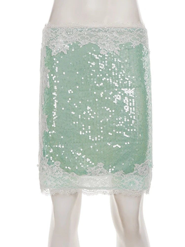 AIERTU  -  Women Sequin Lace Midi Skirt High Waist White Lace Trim Bodycon Pencil Skirt Light Slim Fit Skirt Elegant Party Nightclub Bottom Aiertu