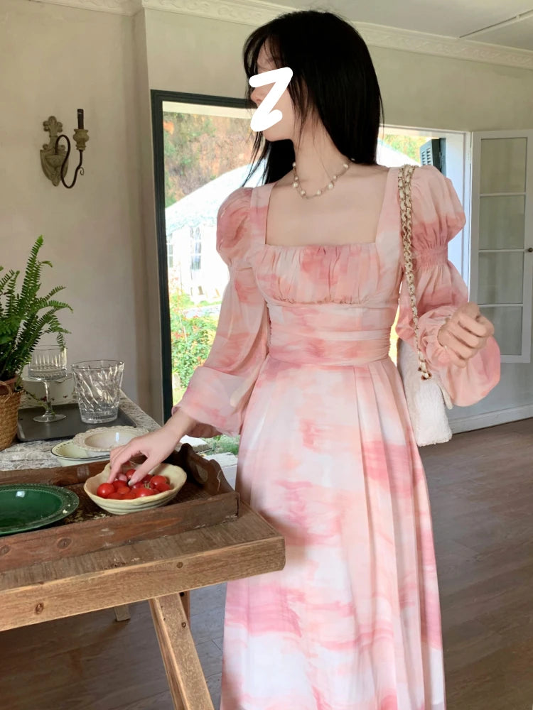 Aiertu Chiffon Long Sleeve Floral Midi Dress Chic French Slim Elegant Women Dress Casual Fashion Beach Style Office Lady Dresses Aiertu