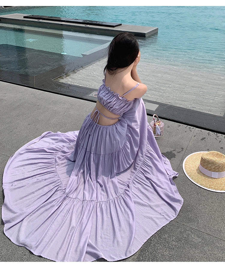 Aiertu Women Sleeveless Slip Long Dress New Summer Elegant Boho Holiday Beach Dress Solid V-neck Pleated Bandage Dresses Backless Aiertu