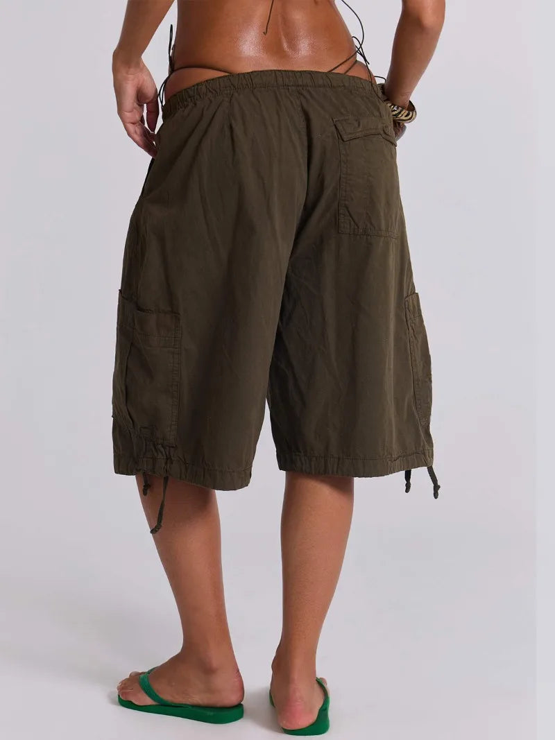 AIERTU  -  Euramerican Safari Style Drawstring Half Pants Y2k All Match Side Pockets Design Casual Women Wide Trousers Stright Short Pants Aiertu