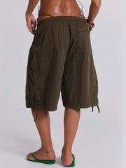 AIERTU  -  Euramerican Safari Style Drawstring Half Pants Y2k All Match Side Pockets Design Casual Women Wide Trousers Stright Short Pants Aiertu