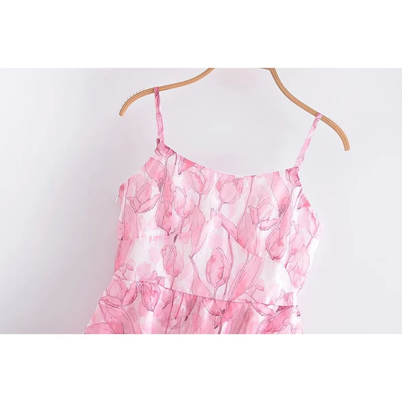 Aiertu Sweet Women Pink Floral Print Sexy Sling Mini Dress Sleeveless Female A-line Mini Summer Dresses Holiday Robe Aiertu