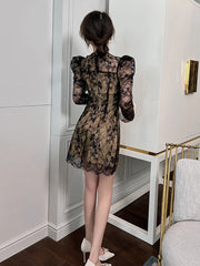 Spring French Retro Sexy Dress Women Black Sheer Lace Embroidery Floral Halterneck Bow Long Sleeve Mini Gown Party Vestidos Aiertu