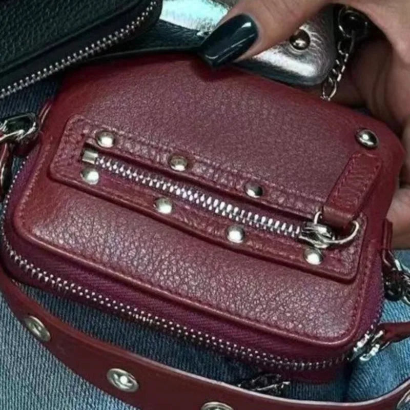 AIERTU  -  Motorcycle Rivet Chain Crossbody Carry Small Square Bag Wallet Fashionable Hanging Bag Hip Hop Retro Street Trend Mini Card Bag Aiertu