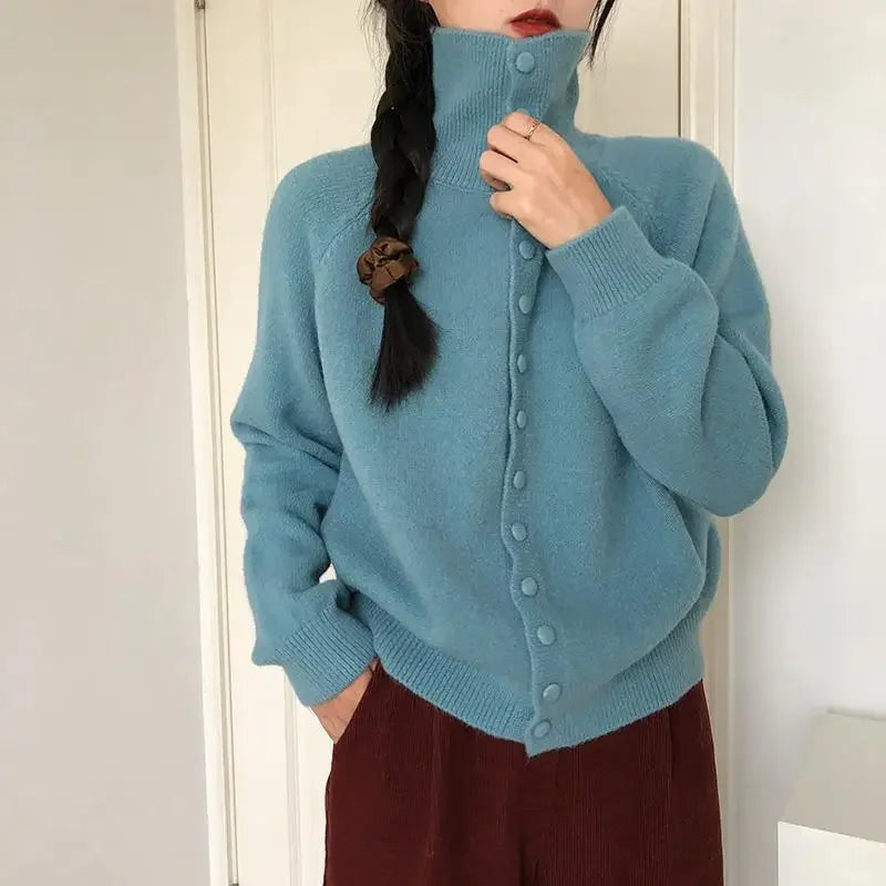 AIERTU  -  Women's High Neck Knit Cardigan Autumn Solid Color Single Breasted Sweater Outerwear Woman Soft Cashmere Knitwear Aiertu