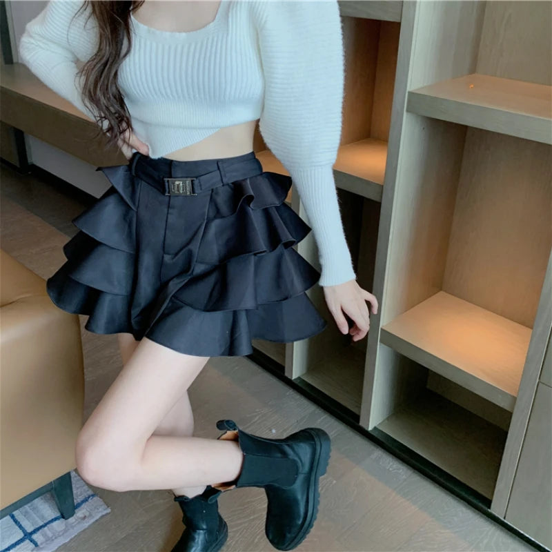 Aiertu High Street Y2k Korean Skirt Women Ruffles Designer Slim Party Casual Skirt Female Black Gothic Sexy Sashes Chic Vintage Clothes Aiertu