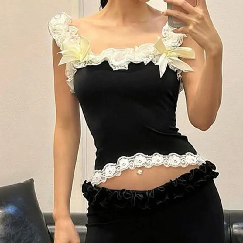 Aesthetic Cute Bow Trim Crop Tops Women Ruffle Lace Tank Tops Casual Summer Off Shoulder Vest Sleeveless Shirt Y2K Streetwear Aiertu
