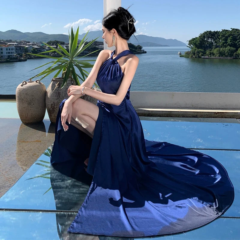 Aiertu Blue Slim Halter Backless High Split Maxi Dress Woman Elegant Pleated Sexy Birthday Party Evening Long Dress Summer Fashion Aiertu