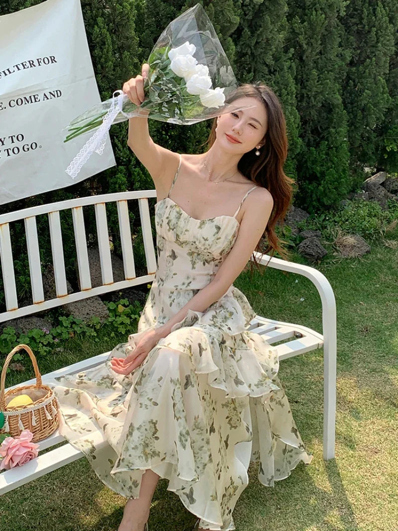 New Summer Print Midi Dress for Women Sleeveless Spaghetti Strap Chiffon Ruffle Floral Casual Slim Party Dresses Korean Aiertu