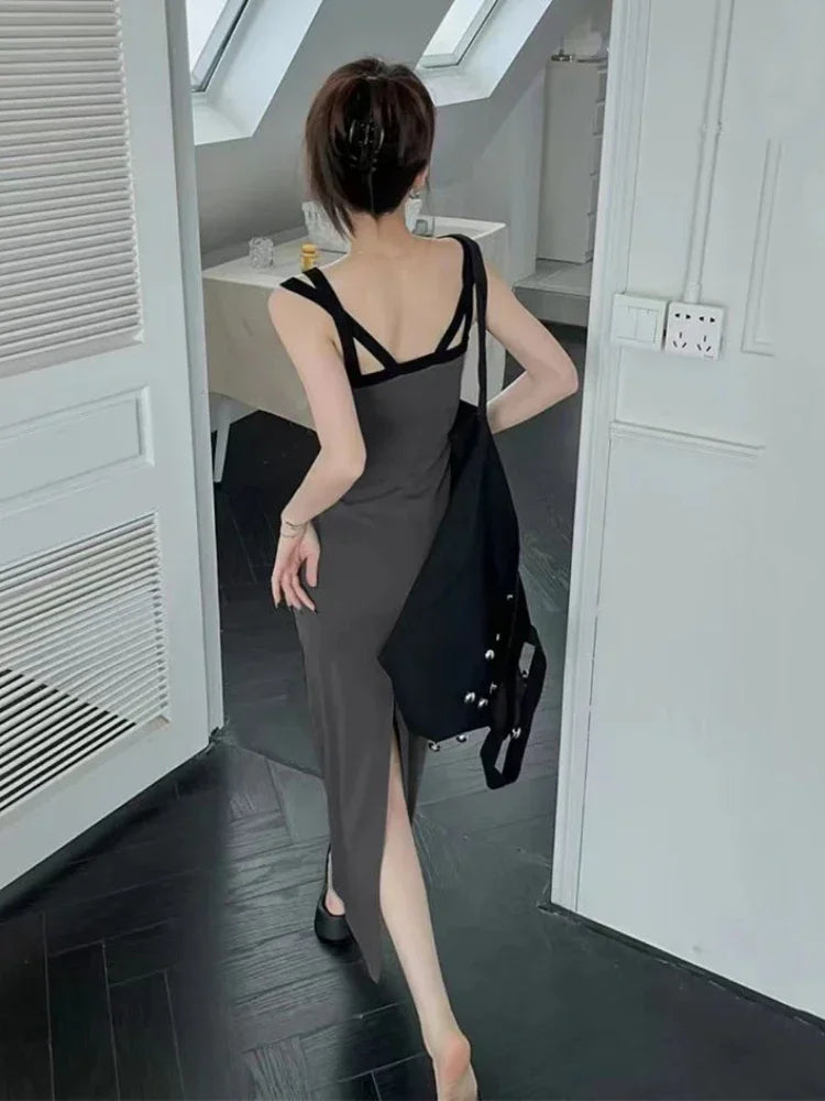 Aiertu Sexy Backless Slip Midi Split Dresses Women Korean Fashion Spaghetti Strap Vintage Casual Black Dress 2024 Summer Sundress Aiertu