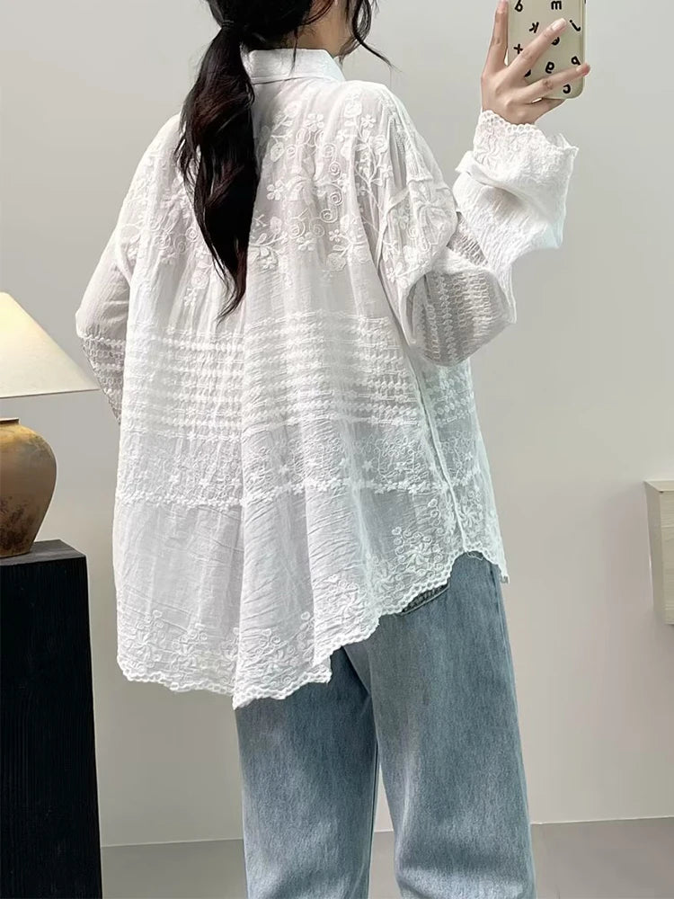 Cotton Floral Embroidery Long Sleeve Loose Tunic Shirt Vintage Retro Chic Rococo Victorian Edwardian Classy Youth Blouse Smock Aiertu