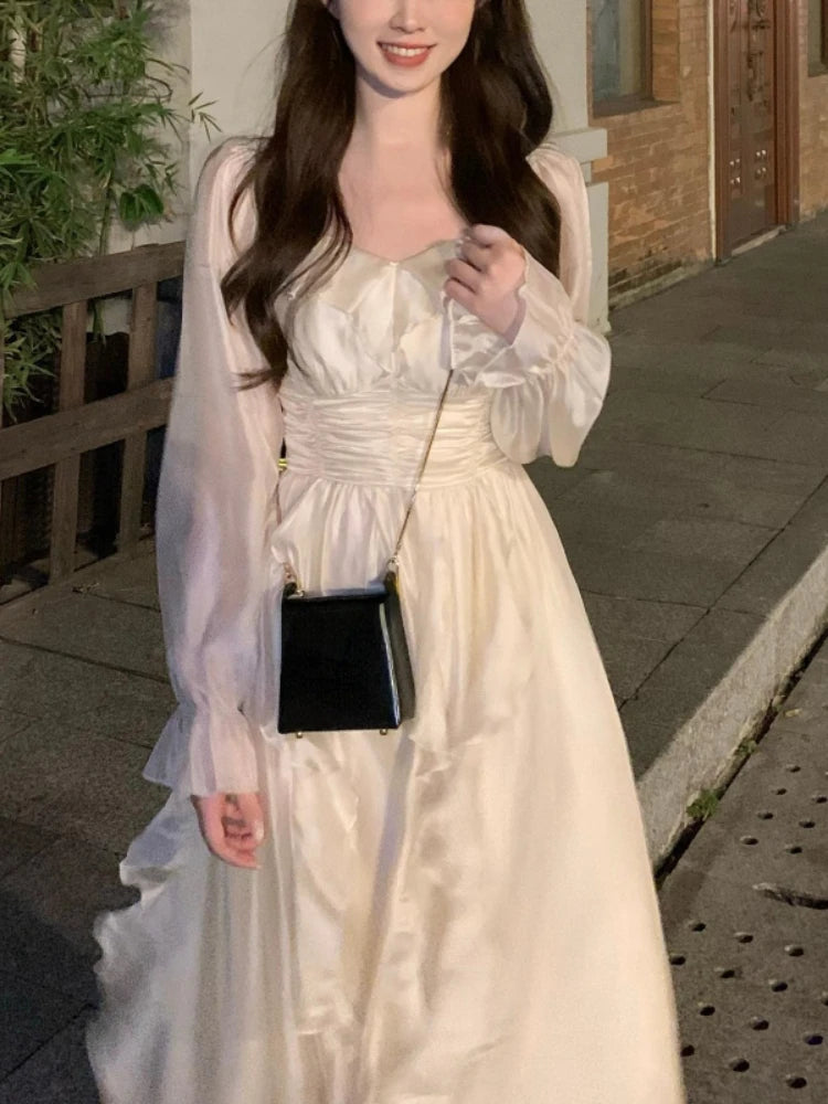 Aiertu Solid Elegant Fairy Dress Women Flare Sleeve Sweet Princess Midi Dress Ladies High-waisted Chic Evening Party Dress Summer Aiertu