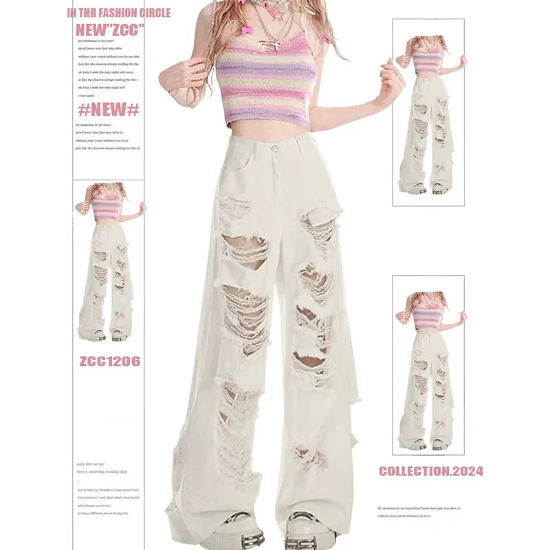 Aiertu Women's White Baggy Ripped Jeans Vintage Cowboy Pants Harajuku Streetwear Oversize Denim Trousers Y2k Trashy 2000s Clothes 2024 Aiertu