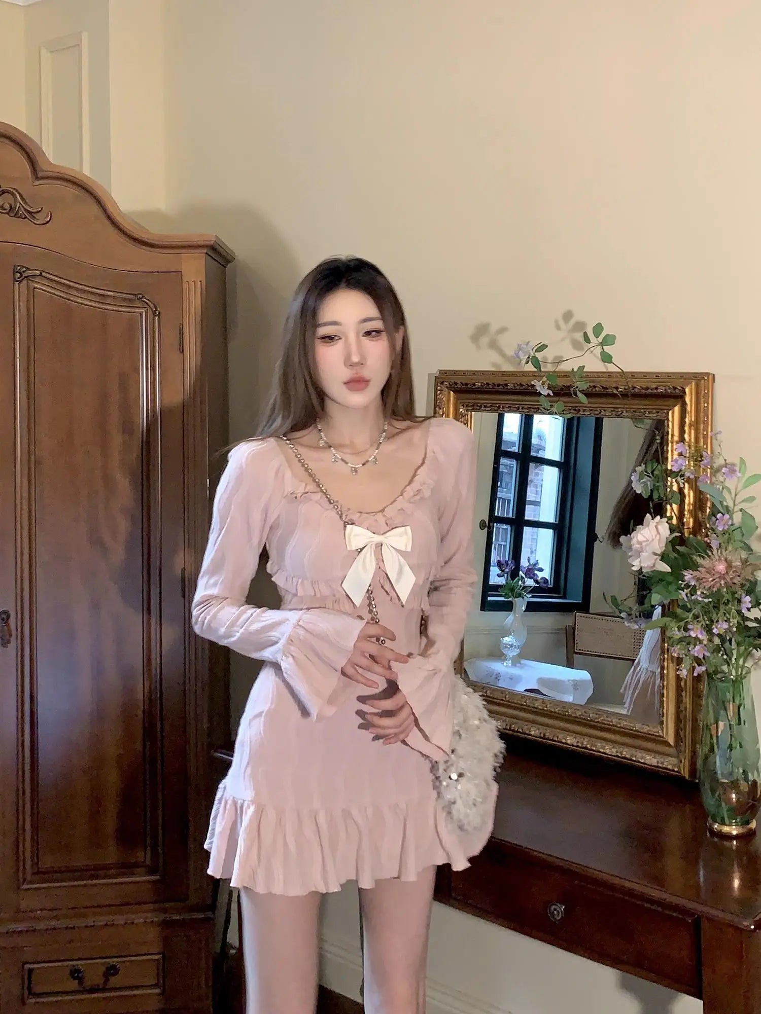 Aiertu Autumn Sweet French Pink Bow Print Temperament Wrapped Hip Short Dress Women High Waist Bohemian Long Sleeve Ruffles Mini Dress Aiertu