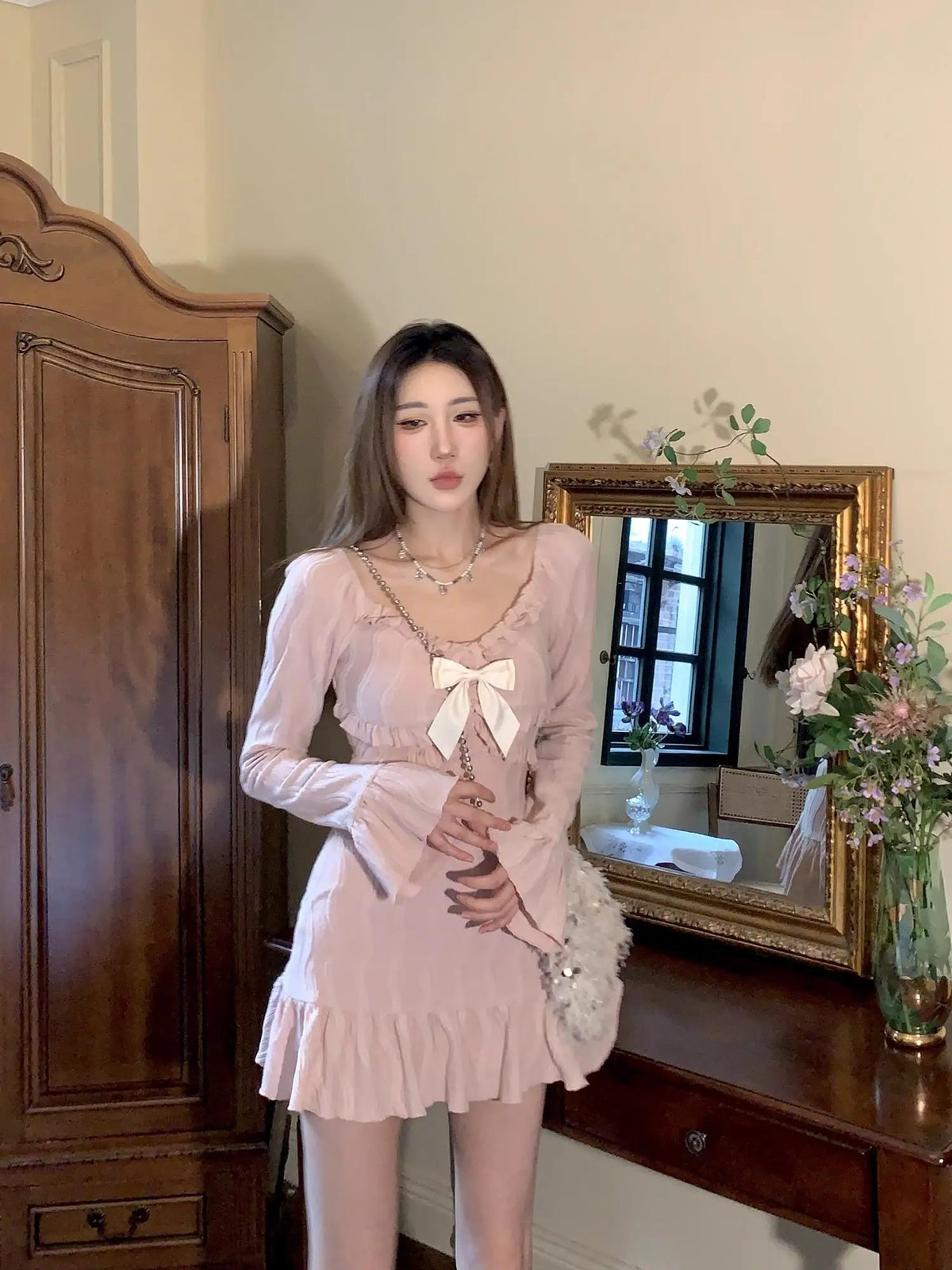 Aiertu Autumn Sweet French Pink Bow Print Temperament Wrapped Hip Short Dress Women High Waist Bohemian Long Sleeve Ruffles Mini Dress Aiertu