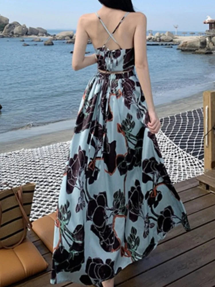 Aiertu Spaghetti Strap Elegant Women Summer Dress Sleeveless Casual A-Line Print Midi Beach Holiday Dresses Female Vestidos Long Robe Aiertu