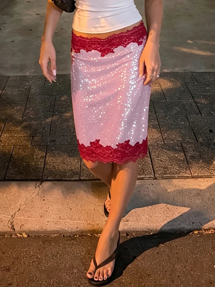 AIERTU  -  Women Sequin Lace Midi Skirt High Waist White Lace Trim Bodycon Pencil Skirt Light Slim Fit Skirt Elegant Party Nightclub Bottom Aiertu