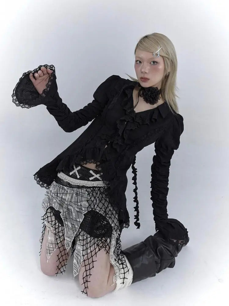 Aiertu V-neck Black Gothic Blouses Women Lace Irregular Long Sleeve Korean Fashion Slim Ladies Shirt Chic Tops Y2k Blousa Aiertu