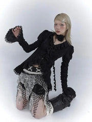 Aiertu V-neck Black Gothic Blouses Women Lace Irregular Long Sleeve Korean Fashion Slim Ladies Shirt Chic Tops Y2k Blousa Aiertu