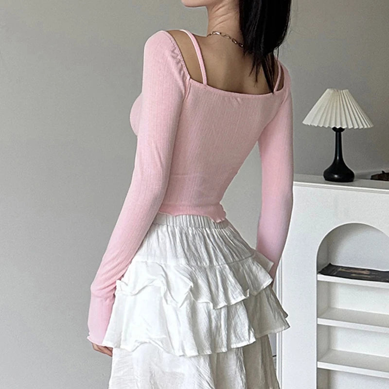 Aiertu Sweet Off-shoulder Cute Crop Top Lace Patchwork Pink Coquette Aesthetic Slim-fit Long Sleeve Knitted T-shirts Ladies y2k Aiertu