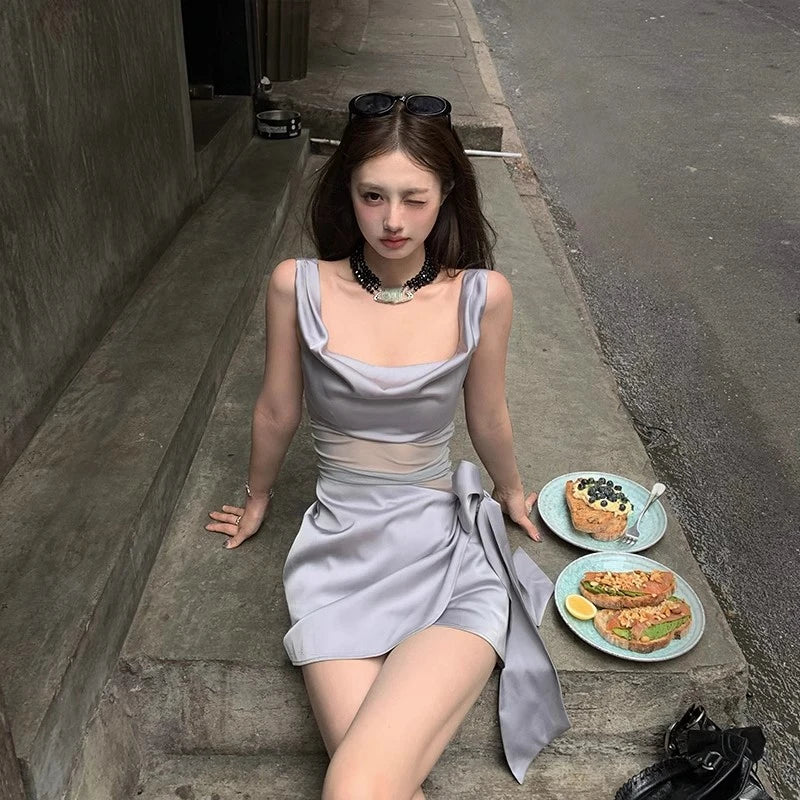 Aiertu 2000s Vintage Y2k Stain Mini Dress Women Casual Sleeveless Strap Dress Beach Style Outwear Korean Chic Elegant Lace-up Clothing Aiertu