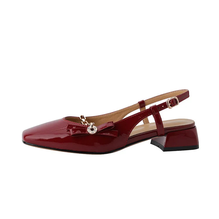 Aiertu Summer Shoes Women Square Toe Chunky Heel Sandals Women Patent Leather Solid Chain Low Heel Wine Red/Beige Shoes for Women Aiertu