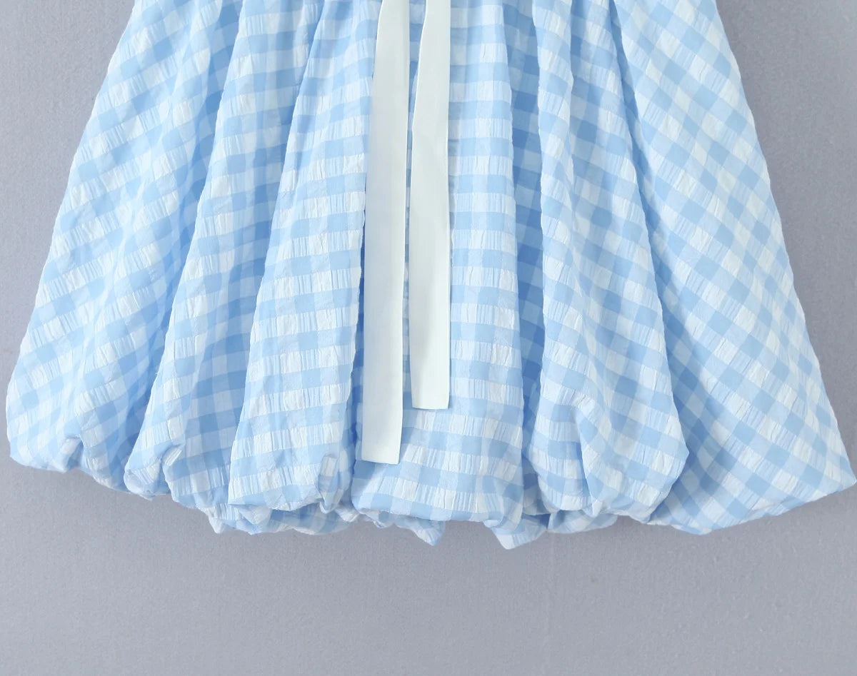 AIERTU  -  Blue Gingham Halter Mini Dress Women Y2K Ruffle Bustier Puff Balloon Hem Party Dress Aiertu