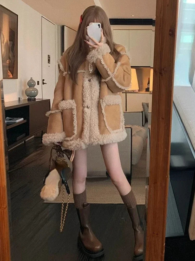 Aiertu Winter Warm Overcoats Women Outwear Casual Y2k Office Lady Vintage Faux Fur Wool Coat Ladies Korean Fashion Khaki Jackets Chic Aiertu