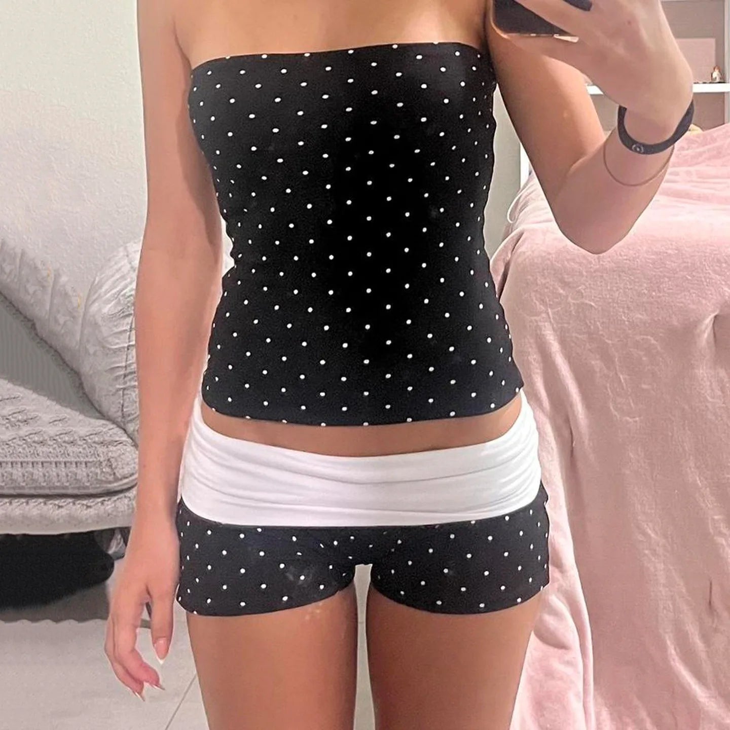AIERTU  -  Polka Dot Printing Splicing Contrasting Color Chest-wrapped Shorts Two-piece Set Thin Casual Sports Suit Aiertu