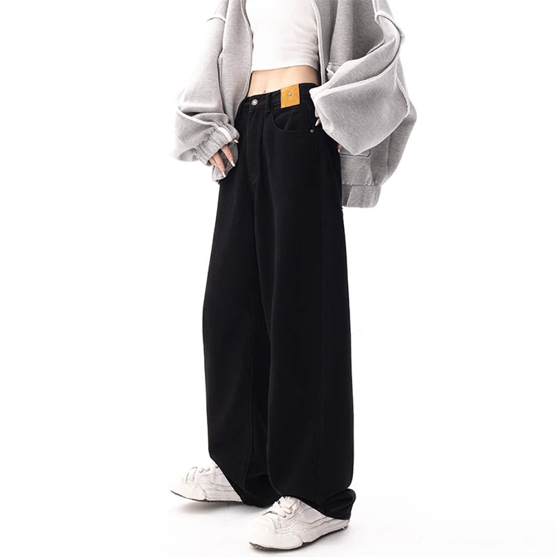Aiertu Black Baggy Straight Jeans Women Korean Fashion Streetwear High Waist Wide Leg Denim Pants Female Loose Mopping Jean Trouser Y2K Aiertu