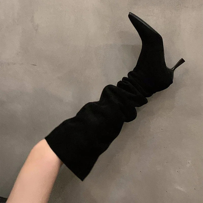Sexy High Heel Women Knee High Boots Fashion Pleated Slip On Shoes Autumn Winter Ladies Knight Long Booties Aiertu