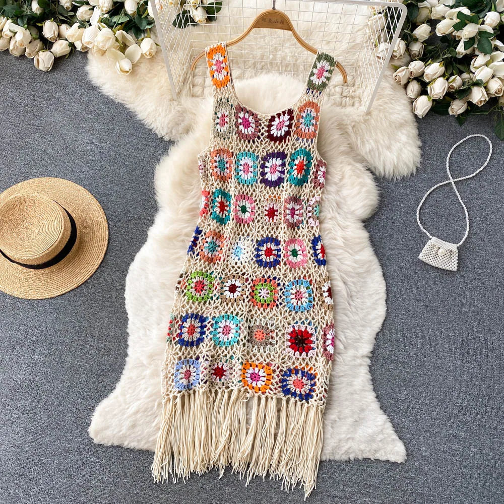 Aiertu Sunmmer Knitted Dress Hook Flower Hollow Out Tassel Women Slim Streetwear Original Design Fashion Vintage Dress Aiertu