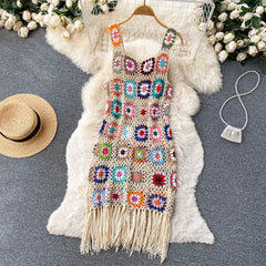 Aiertu Sunmmer Knitted Dress Hook Flower Hollow Out Tassel Women Slim Streetwear Original Design Fashion Vintage Dress Aiertu