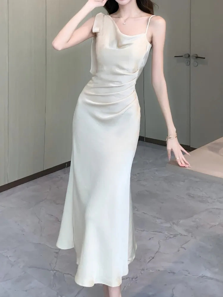 Aiertu Spaghetti Strap Women Fashion Satin Midi Dress Sleeveless Casual Solid Chic Bodycon Slim Party Dresses Female Vestidos New Aiertu
