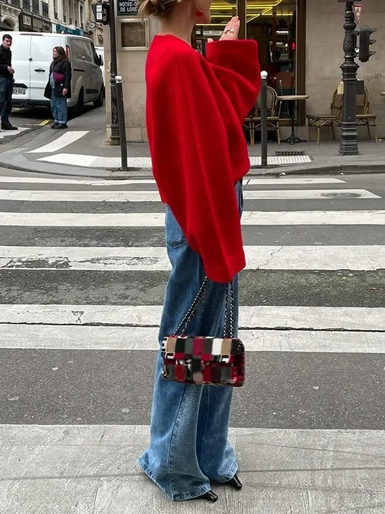Red Women Chic V Neck Loose Sweater Casual Long Sleeves Knitted Warm Pullover New Autumn Female Fashion Knitwear Tops Aiertu