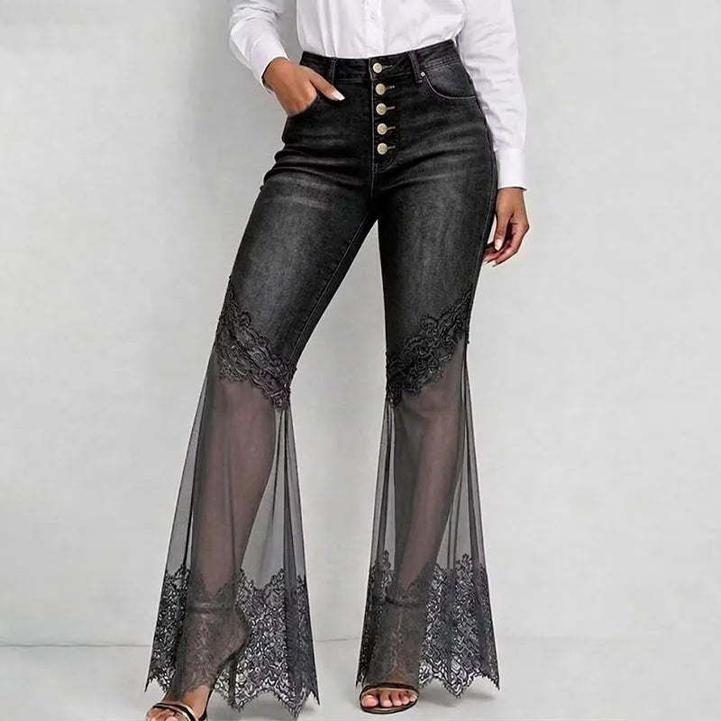 AIERTU  -  Blue Micro Flared Jeans Women High Waisted Multi Breasted Mesh Patchwork Denim Pants Vintage Slim Fit See Through Lace Trousers Aiertu