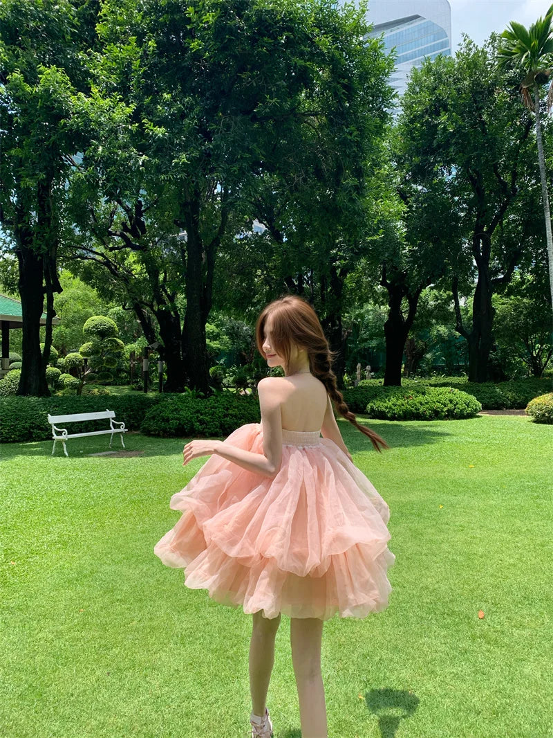 AIERTU  -  Summer French Fashion Fairy Mini Dress Women's Sleeveless Strapless Tulle Bubble Puffy Dress Elegant Chic Princess Party Dress Aiertu