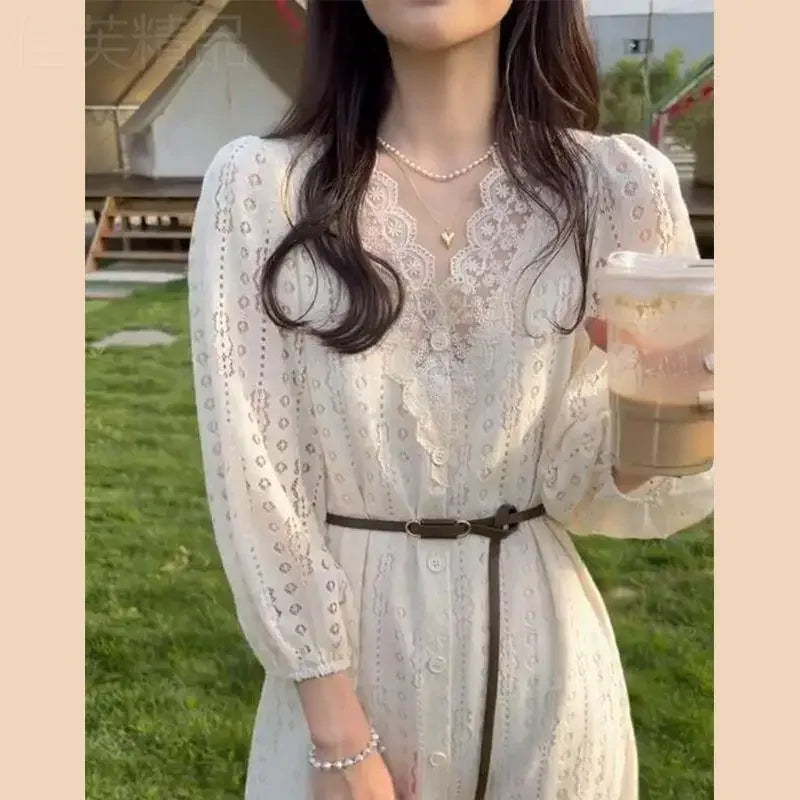 Aiertu 2024 Spring Elegant Lace Fairy Dress Women Button Design Vintage Long Sleeve Shirt Dress Office Lady Casual Fashion Korean Dress Aiertu