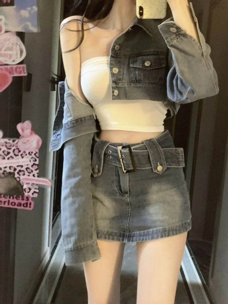 Aiertu Vintage Denim Suit Woman Slim Casual Short Cardigan + Sexy Bodycon Y2k Mini Skirt Elegant Korean Fashion Set 2024 Spring Chic Aiertu