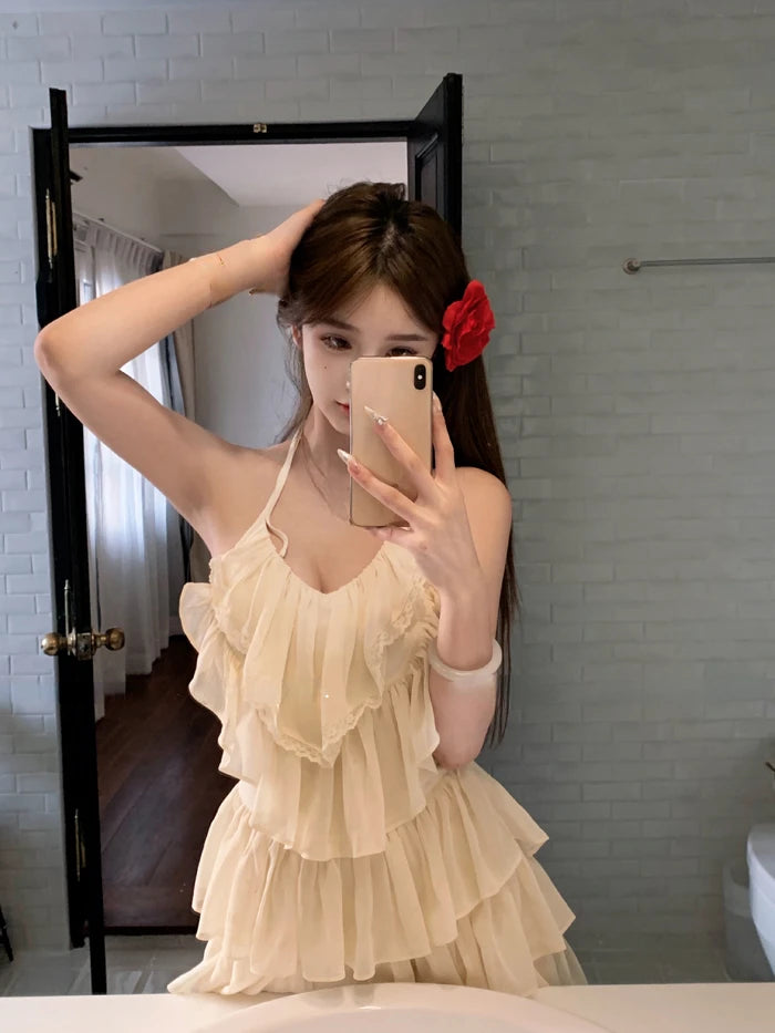 Aiertu 2024 New Solid Sweet Y2k Mini Dress Beach Chiffon Sexy Sleeveless French Elegant Dress Casuasl One Piece Dress Korean Fashion Aiertu
